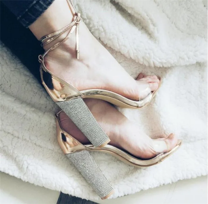 

Dilalula 2019 Size 34-43 Sexy Evening Women Sandals Super High Crystal Heels Ankle Wrap Transparent PVC Party Sandals Ladies