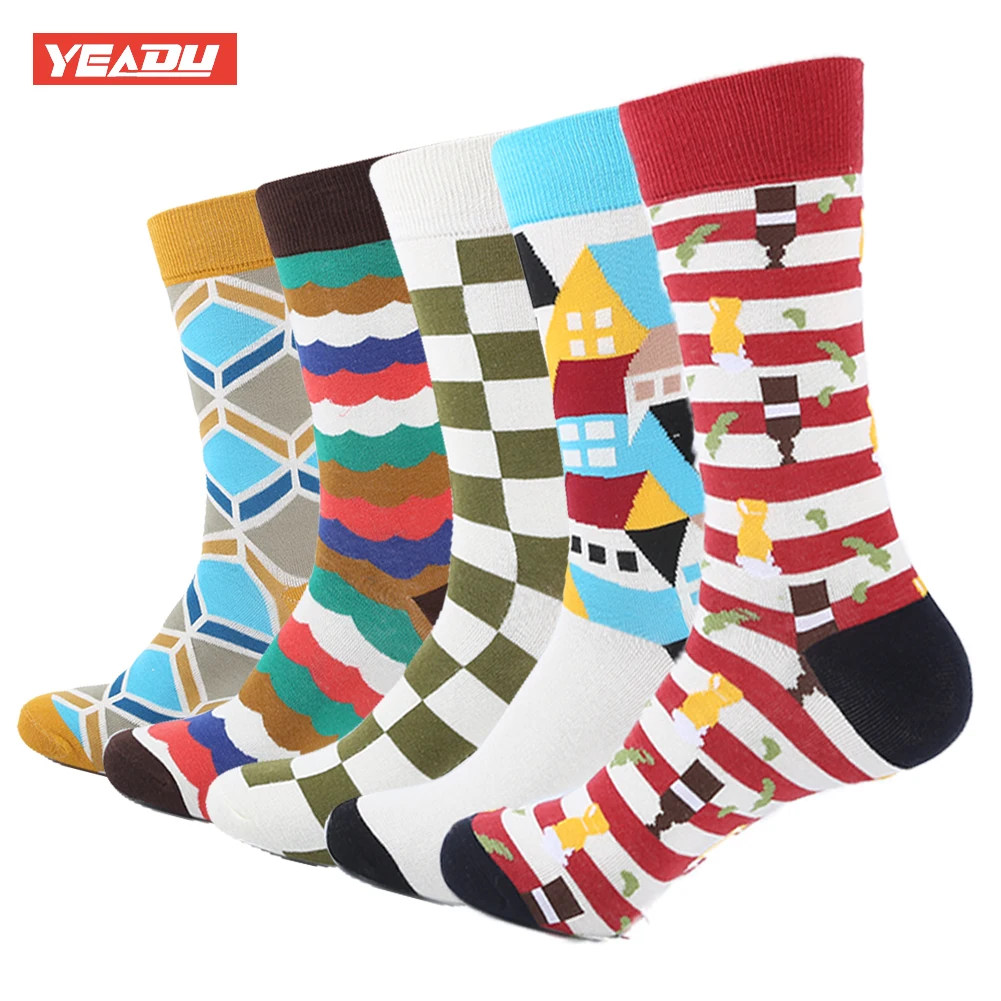 YEADU, 5 пара/лот, цветные забавные носки, мужские хлопковые носки, новинка, рисунок, популярные, Harajuku, длинные носки, вязанные, гольфы, свадебный подарок