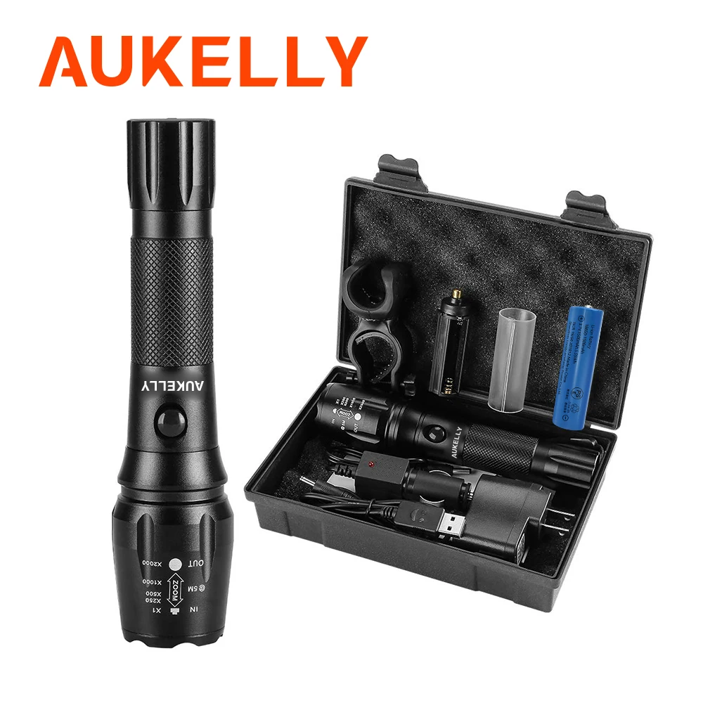 

Aukelly LED Tactical Police USB Rechargeable Flashlight Portable Aluminum Powerful Long Range Military Torch Zoomable Torchlight
