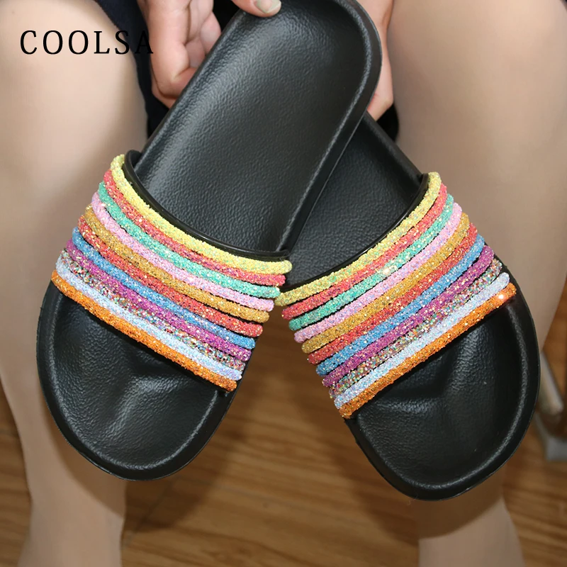 

Summer Women Beach Slippers Rainbow Shoes Bling Glit Sequin Slides Soft Flat Home Slipper Fashion Lady Casual Slip On Flip Flops