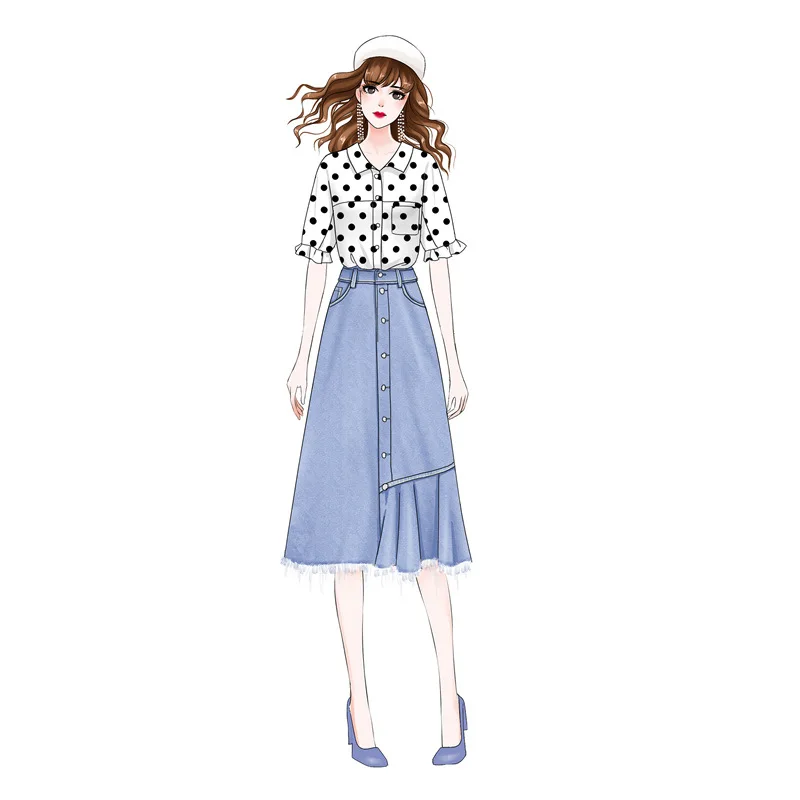 

Women Polka Dot Plus Size Suits Fashion Shirt And Denim Midi Skirt Sets Two Pieces Set Turn-Down Collar Summer Beach Outfit