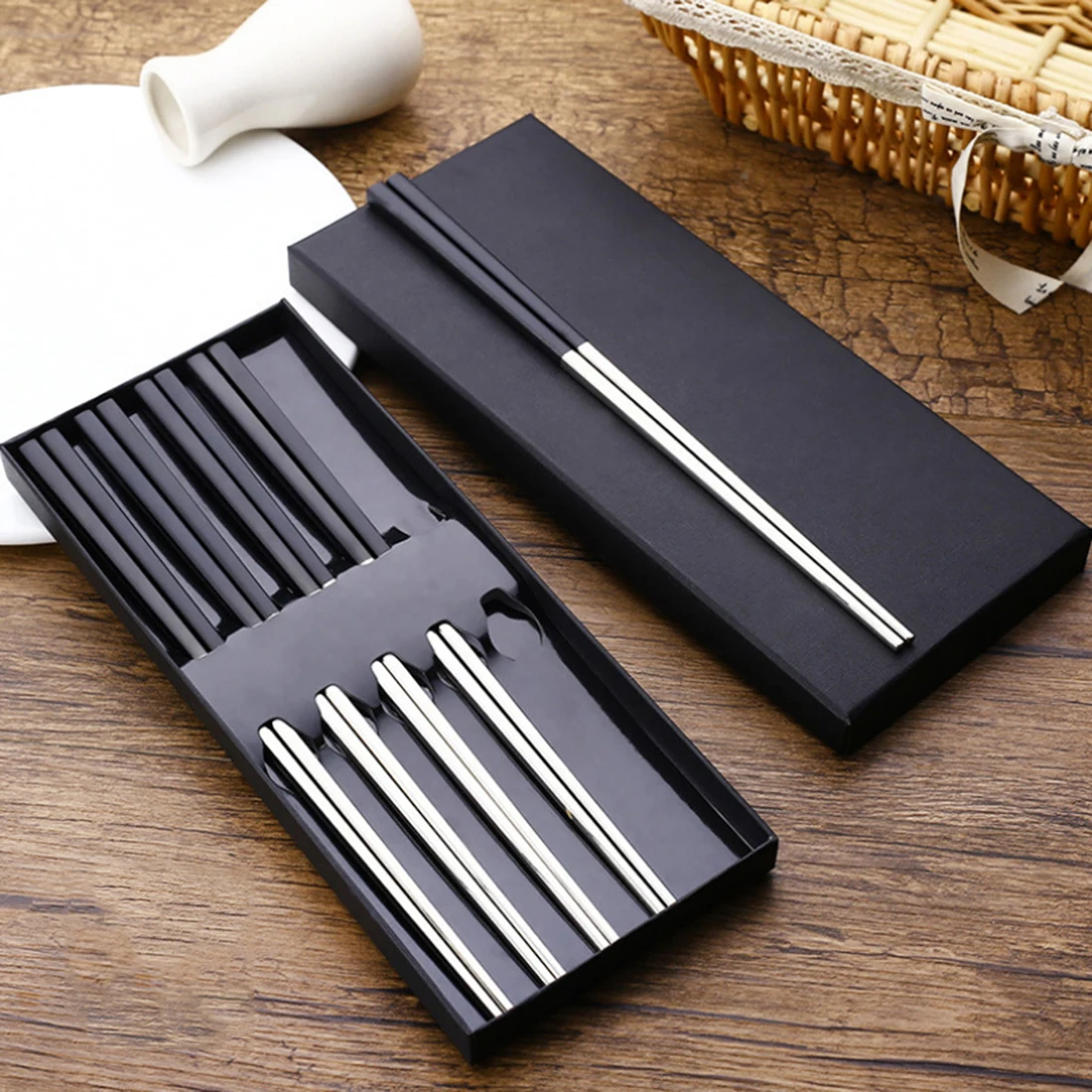5 Pair Chinese Style Stainless Steel Chopsticks 8.9" Length Black Silver Tableware Kitchen Accessories with Gift Box | Дом и сад