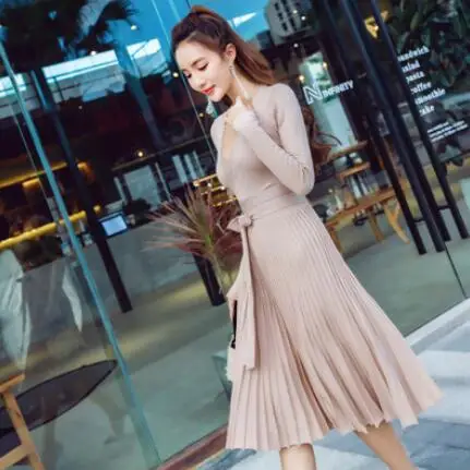 Женский кружевной свитер трикотажное платье 2019 Vestidos офисное женское с поясом v