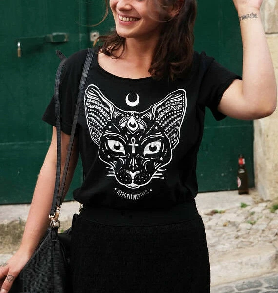 

WOMEN TSHIRT CAT PENTAGRAM 666 SATAN CROSS GOAT SATANIC DARK EGIPT GOTH CAMISETA