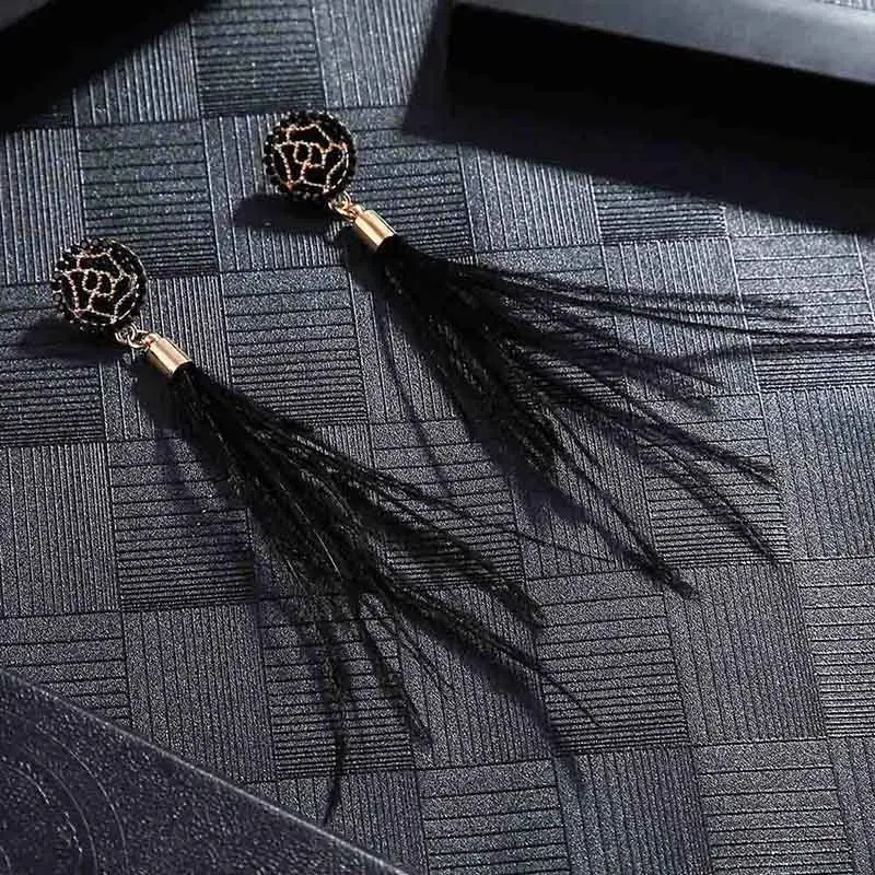 E6106 Trendy Drop Earrings WomenLongBohemianBlueBalckDangleBohoTasselFeather Earrings 2018 Jewelry