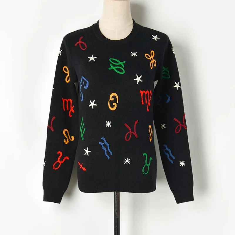 

Women 2019 Autumn Winter Pullovers Runway Designer Sweaters O-neck Casual White Embroidery Note Knitted Loose Fashion Pullover