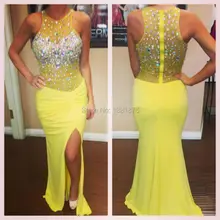 Sparkly meerjungfrau lange yellow prom kleider 2016 strass kristall sexy frauen formale abendkleider party kleider robe de soiree