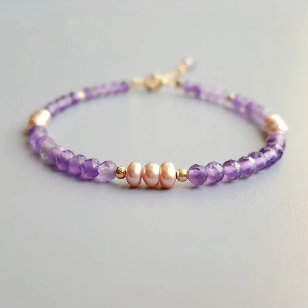 

Lii Ji Natural Amethyst Pink Purple Freshwater Pearl Bracelet 925 Sterling Silver Delicate Adjustable Bracelet For Women Jewelry