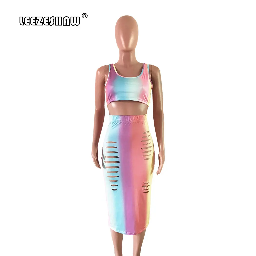 Rainbow Gradient Striped Boho Print Sexy 2 Piece Set Women Tanks Short Tops And Skinny Hole Skirts Beach Wear Party Ladies Suits Women's Sets