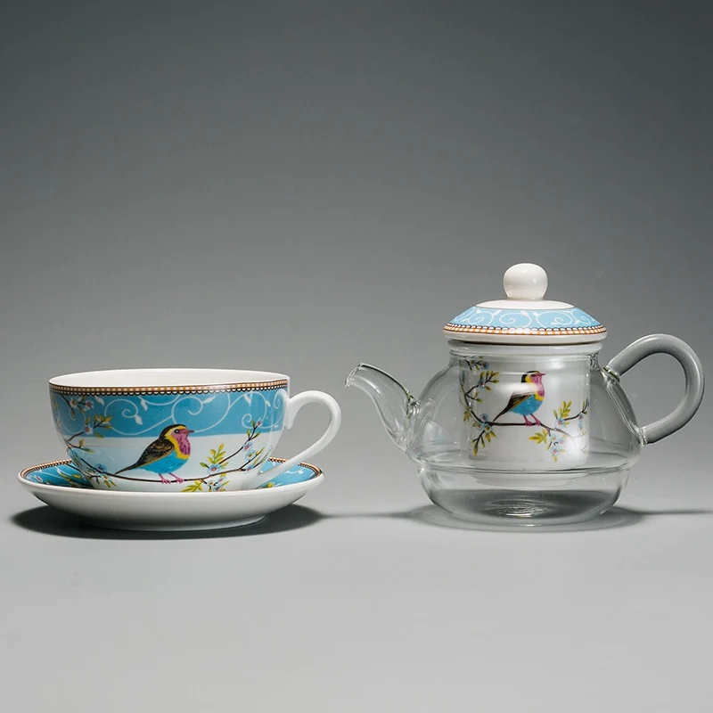 Набор европейских керамических чайных чашек, стеклянный чайный горшок, птица, фарфоровое блюдце, чайник, чайная посуда с ситечком для чая(1 чашка+ 1 чайник - Цвет: Blue