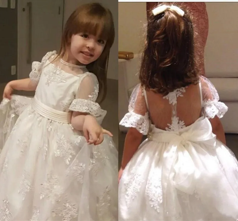 

Lovely Princess Dress with Bow Belt Jewel Neck Sheer Back Holy First Communion Gowns Custom Made Flower Girl Dress For Wedding