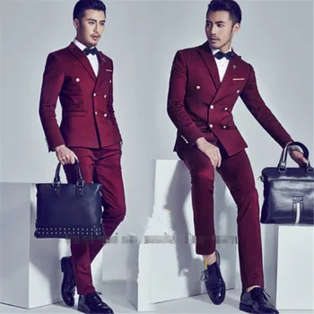 

New Double Breasted Wine Red Men Suit Terno Groom Tuxedos Groomsmen Wedding Blazer For Man 2Pieces ( Jacket+Pants+Vest+Tie)