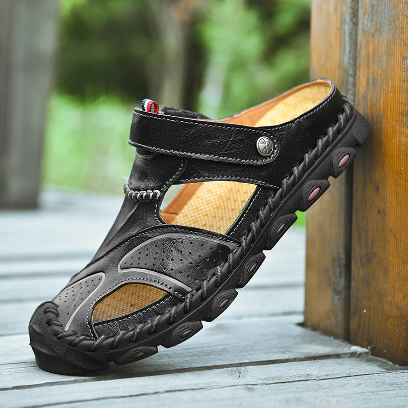 

SUROM Summer 2019 New Sandals Men's Dual-Use Leather Wild Casual Beach Shoes Breathable Non-Slip Men's Sandals And Slippers