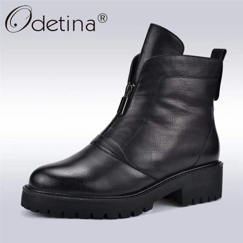 

Odetina High Quality Women Ankle Boots Chunky Heels Platform New Fashion Infront Zip Women Boots Thick Plush Shoes Autumn Winter