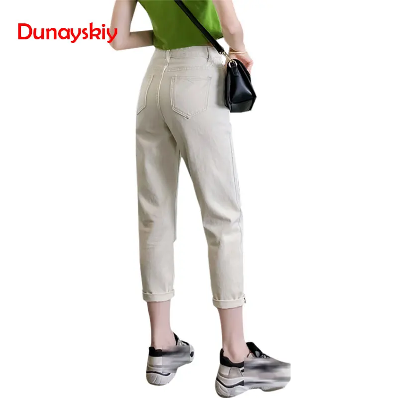 New Brand Black 100%cotton White Jeans For Women High Waist Harem Mom Jeans Spring 2019