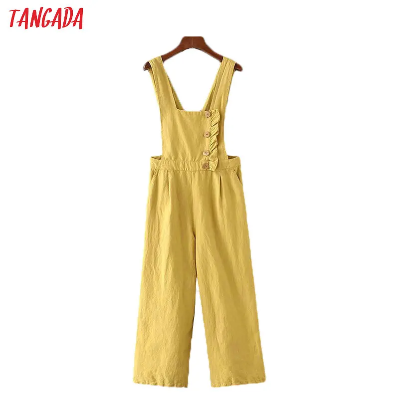 

Tangada fashion 2019 women yellow jumpsuit cute ruffles cotton linen romper causal ladies sleeveless jumpsuits for female SD59