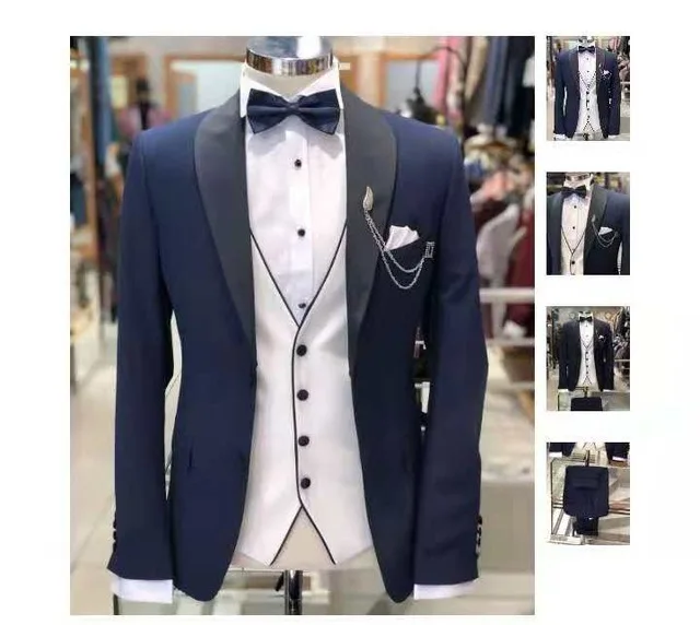 

Custom made Navy Men Wedding Suits 3 Pieces (Jacket+Vest+Pants) Shawl lapel Suits For Men Slim Fit Wedding Groom Prom Tuxedos