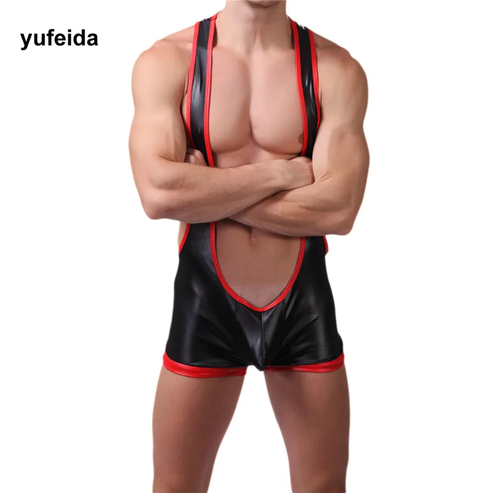 YUFEIDA مثير غاي شورت رجالى داخلى شورت المصارعة Singlets بذلة Bodysuit فو الجلود المثيرة الملابس الداخلية زي
