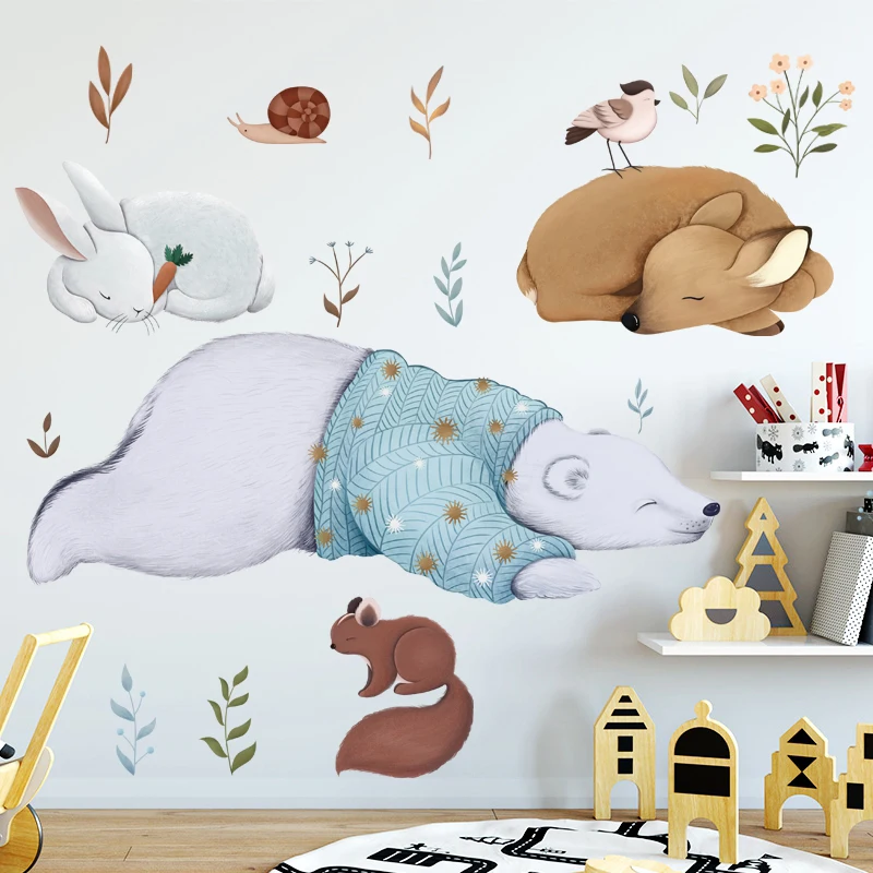 Милые спящие Животные ПВХ стикер стены DIY Медведь Кролик Детская комната украшения Плакат Фреска
