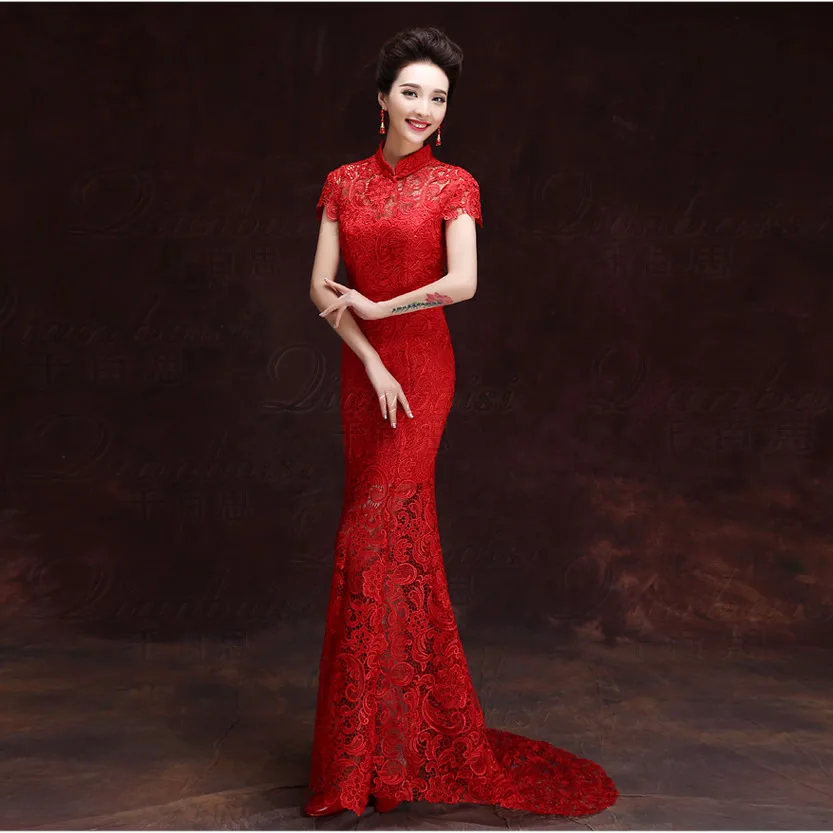 

Red Lace Cheongsam Long Qipao Dress Chinese Traditional Dress Vintage Wedding Dresses Mermaid Evening Dress Robe Chinoise
