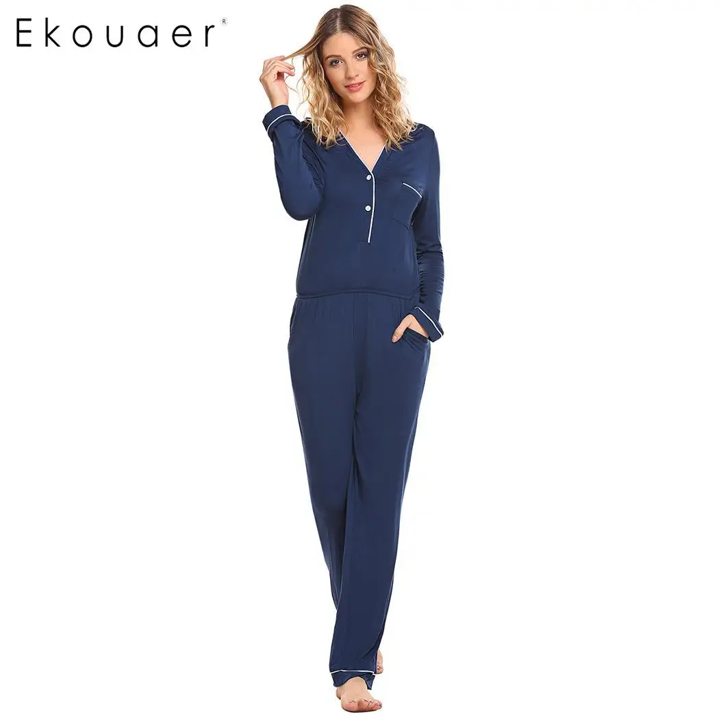 Ekouaer/женская пижама; пижамный комплект с v-образным вырезом и длинными рукавами; домашняя одежда с карманами; домашняя пижама
