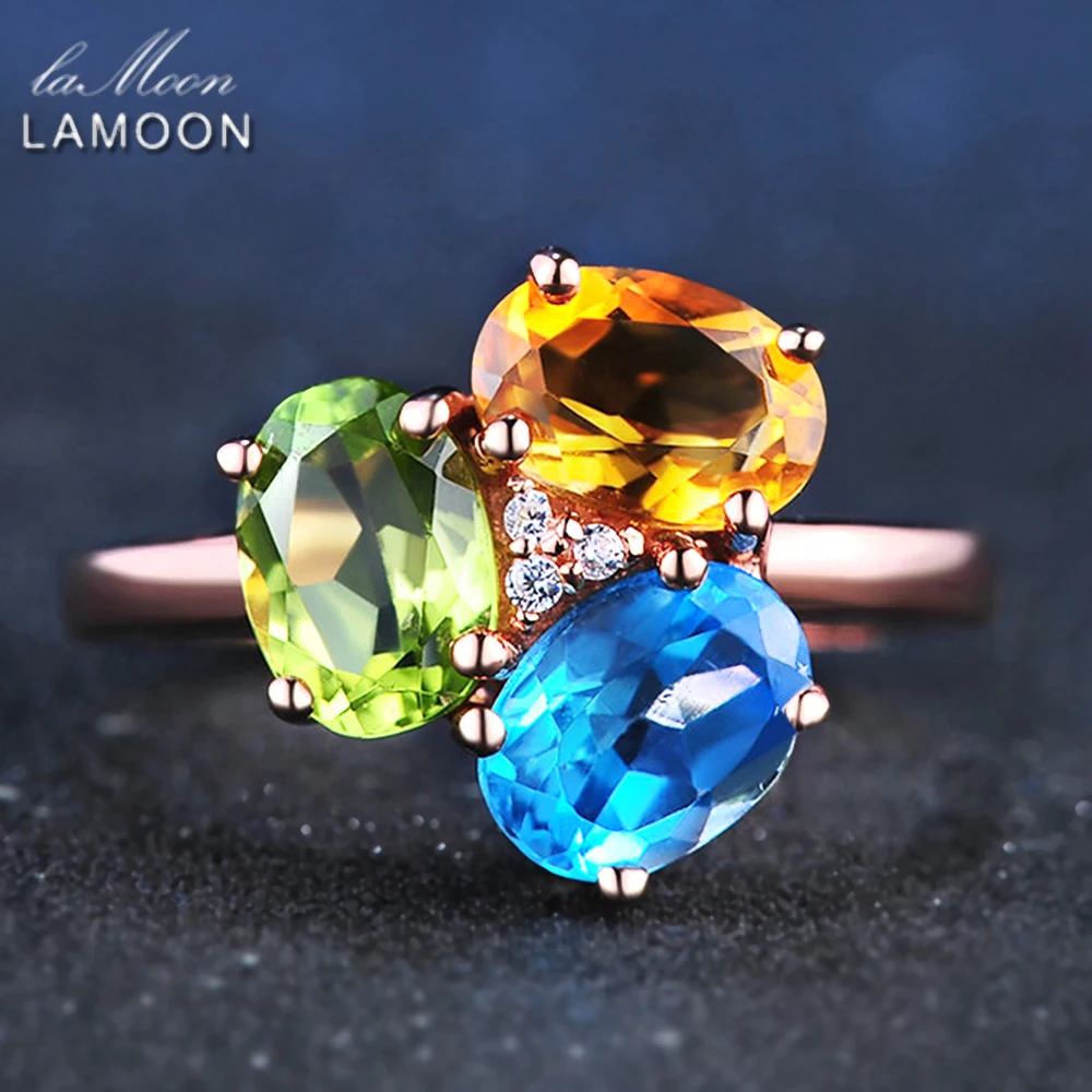 LAMOON-3 шт 3ct Овальный Желтый цитрин Зеленый Перидот Голубой топаз 925 пробы-серебро-ювелирные изделия обручальное кольцо S925 LMRI002