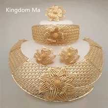 Kingdom Ma African Nigerian Wedding Bridal Big Flower Jewelry Sets Dubai Gold Color Crystal Necklace Bracelet Earrings Ring Set 2017 white crystal flower necklaces bracelet earrings set nigerian accessories wedding bead african costume free shippingabh016