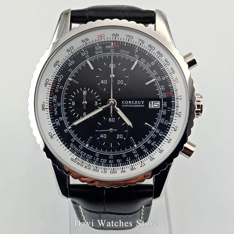 Corgeut Chronograph Mens Watch 46.5mm Black Dial Polished Silver Case Quartz Movement