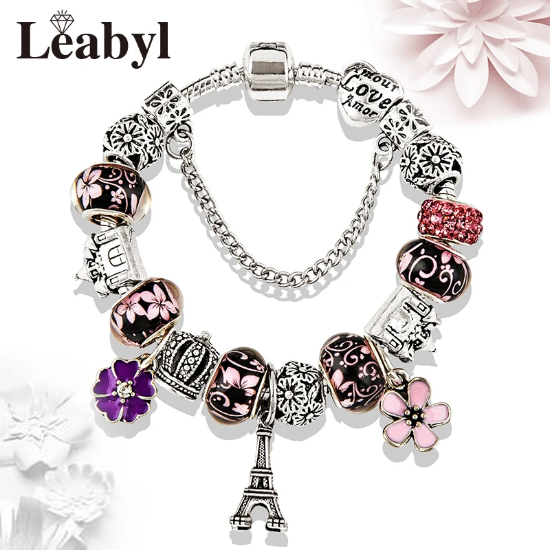 

5 Colors Paris Eiffel Tower Bead Bracelet Cute Flower Crystal Charm Pandora Bracelets & Bangles for Women Diy Jewelry Gift