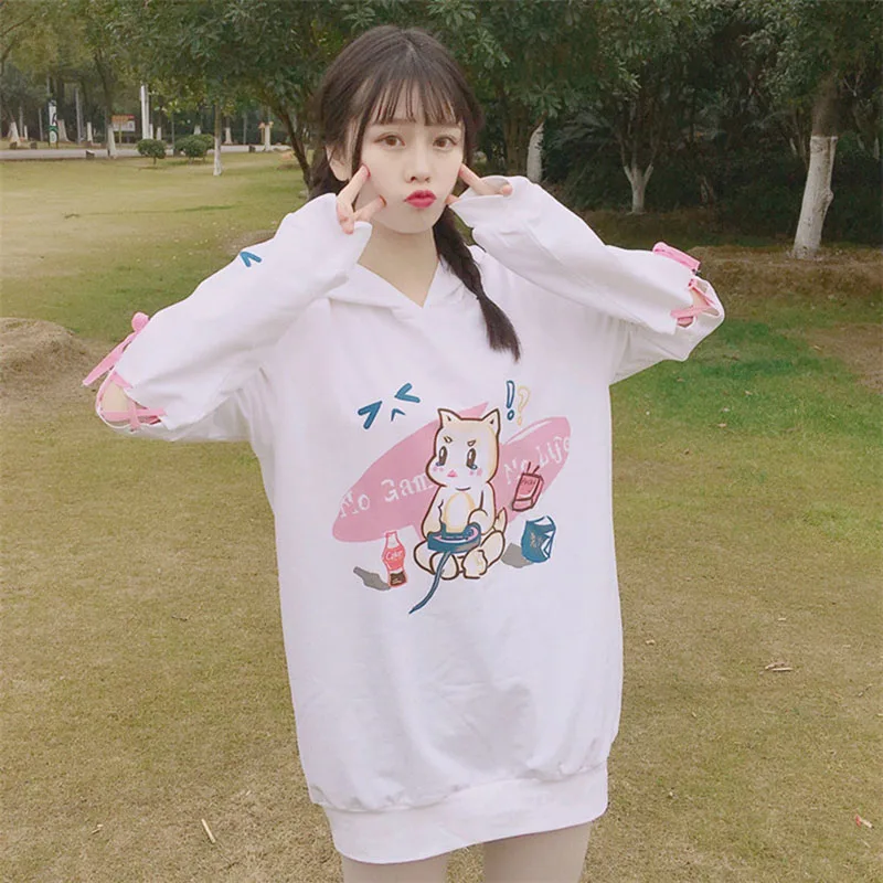 

Japanese Kawaii Cartoon Print Long Hoodie Stitching Long Sleeve Women Tops Korean Fashion Sweet Schoolgirl Hoodie Sweatshirt
