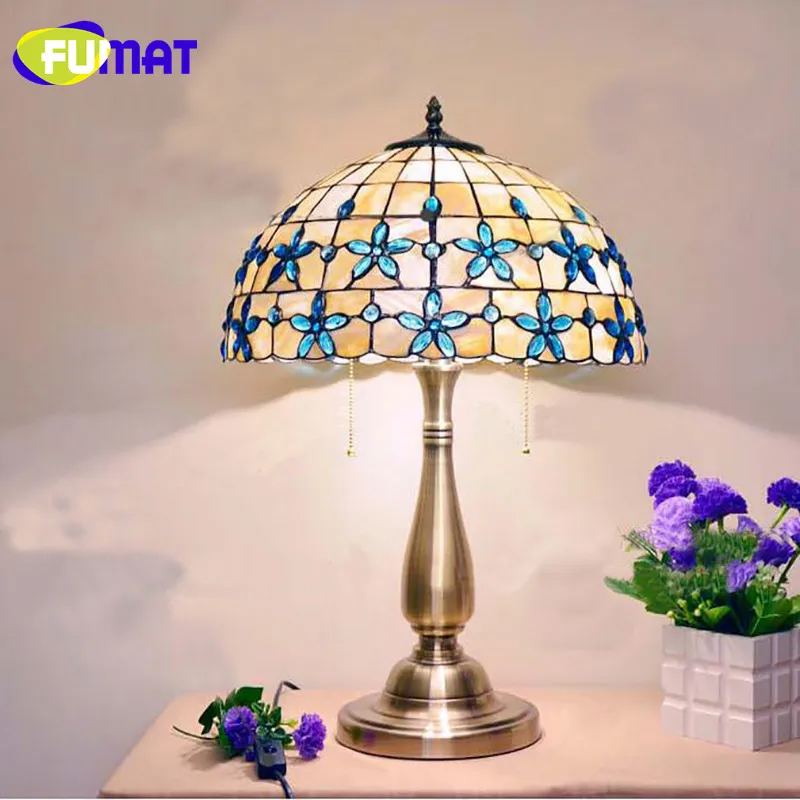 

FUMAT 12/14/16 Inch Lilac Shell Table Lamp Mediterranean Blue Beads Decoration Desk Lamp European Bedroom Table Lamp