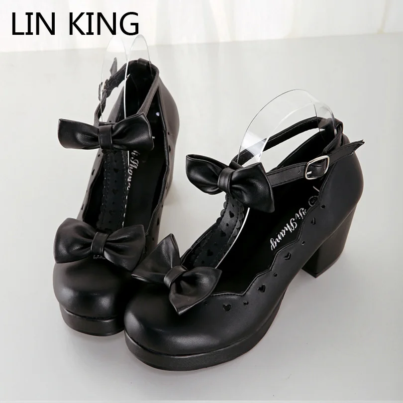 LIN KING Buckle Women Party Pumps Chunky Heels Ankle Straps Bowtie Shallow Mouth Platform Cosplay Maid