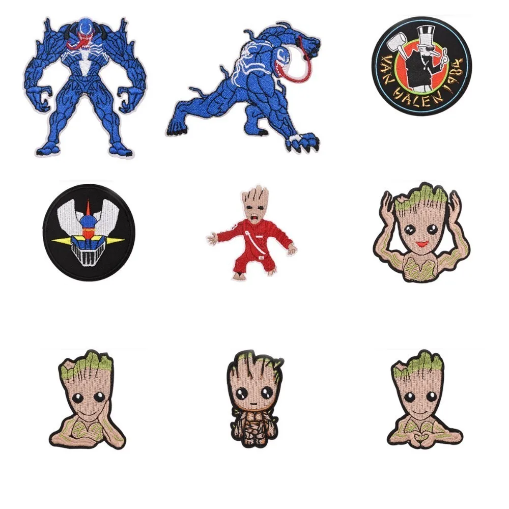 

PGY 1PCS Punk venom Movie The Avengers Groot Stars Patch Iron On Meow Robot Patches For Clothing Child clothes Ironing Stickers