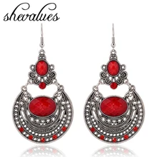 Boho Women Vintage Crystal Round Pendant Hook Dangle Earrings Ear Jewelry Bohemian Drop Earrings Antique Silver Aros YUEYBE288