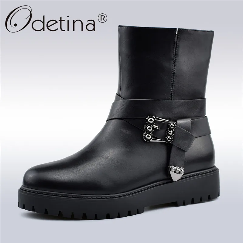 

Odetina New Fashion Buckle Ankle Boots For Women Flat Platform Soft Side Zip Women Boots Winter Warm Plush Boots Big Size 41
