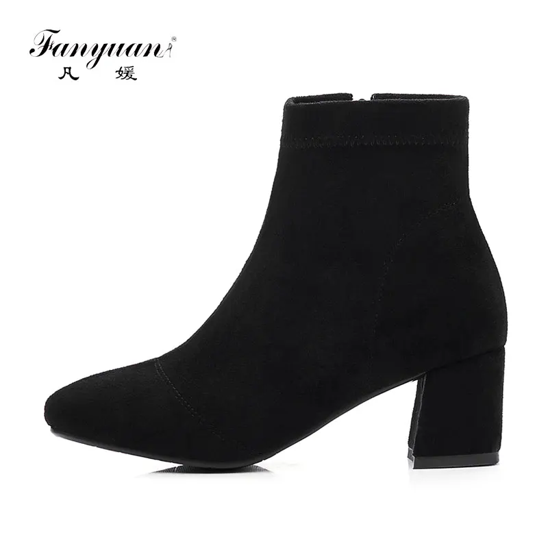 

Fanyuan Comfort Square Toe High Heel Ankle Boots Solid Flock Zipper Work Boots Fashion Winter Boots Women Shoes Size 33-43
