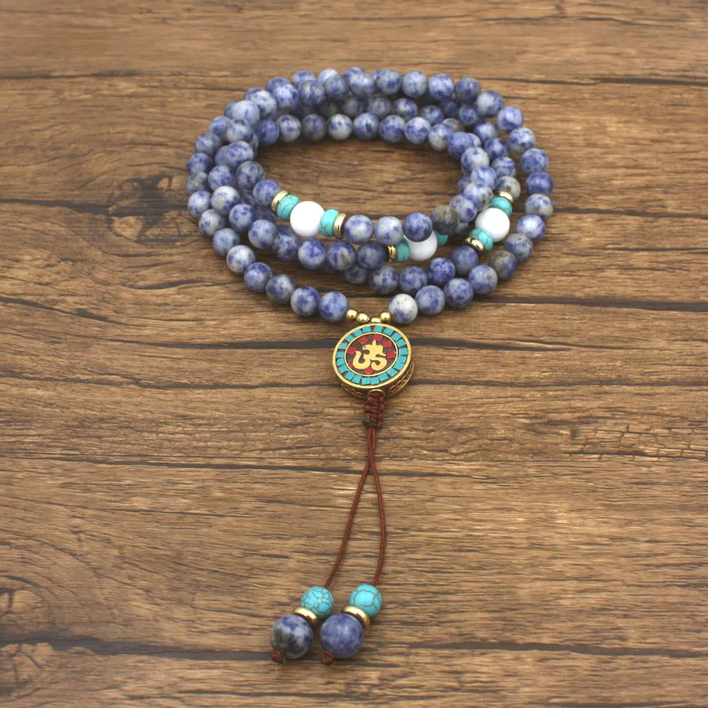 108 natural Sodalite Stone mala necklace Light blue stone beads and OM Pendant Necklace yogi jewelry unisex