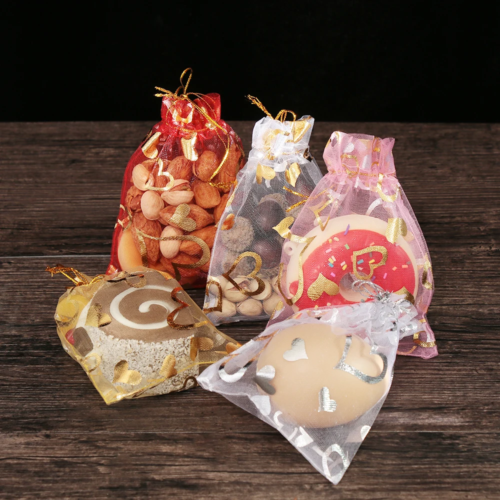 

10pcs 7x9 9x12 13x18cm Heart Organza Gift Bag Wedding Favor Drawstring Pouch Jewelry Bright Cute Candy Package Party Decoration