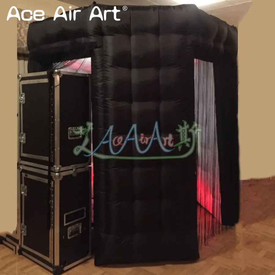 

Stand black octagon shaped tent inflatable photo booth enclosure/backdrop with filamentous curtains and 2 doors open for sale