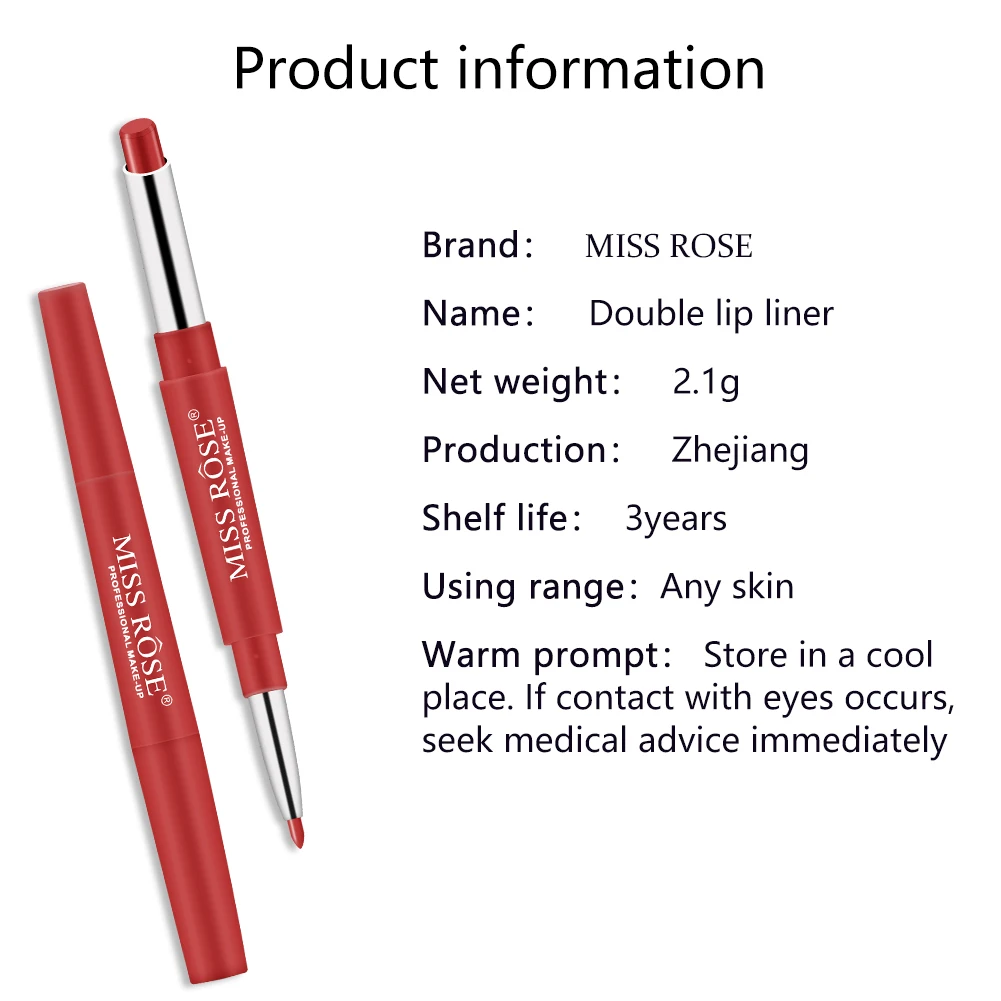 MISS ROSE 1Pc 2 In 1 Double-Headed Matte Lipstick Lip Liner Pencil Waterproof Long Lasting 30 Colors Matte Lip Tube Makeup TSLM2
