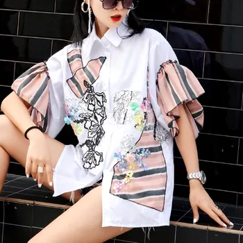 

Summer women lace Appliques ladies Embroidery loose blouse ruffles spliced sequins flowers flare Rullfes party blouses NS775