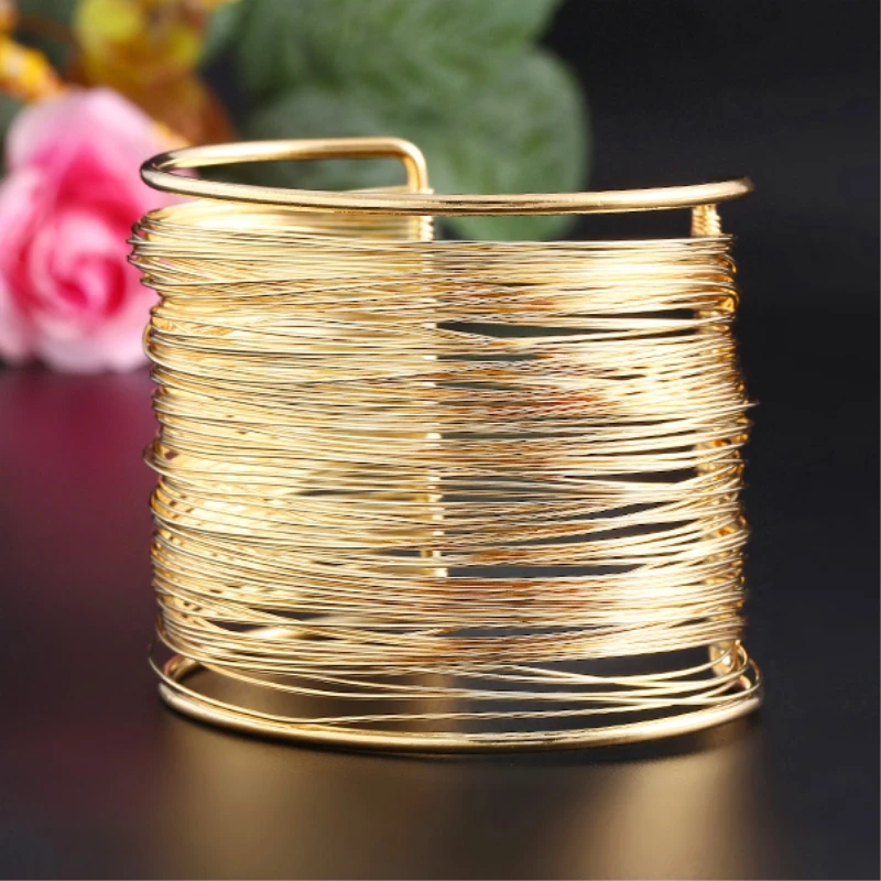 

IF ME Fashion Multilayer Hollow Cuff Bangles For Women Opened Maxi Punk Braid Big Gold Color Charm Vintage Wide Metal Bracelet