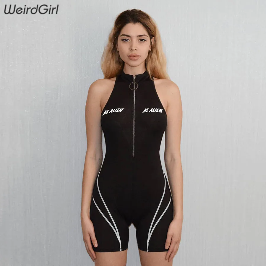 Weirdgirl женщины комбинезон Фитнес Мода с принтом букв Тощий боди спортивная водолазка без рукавов Повседневная