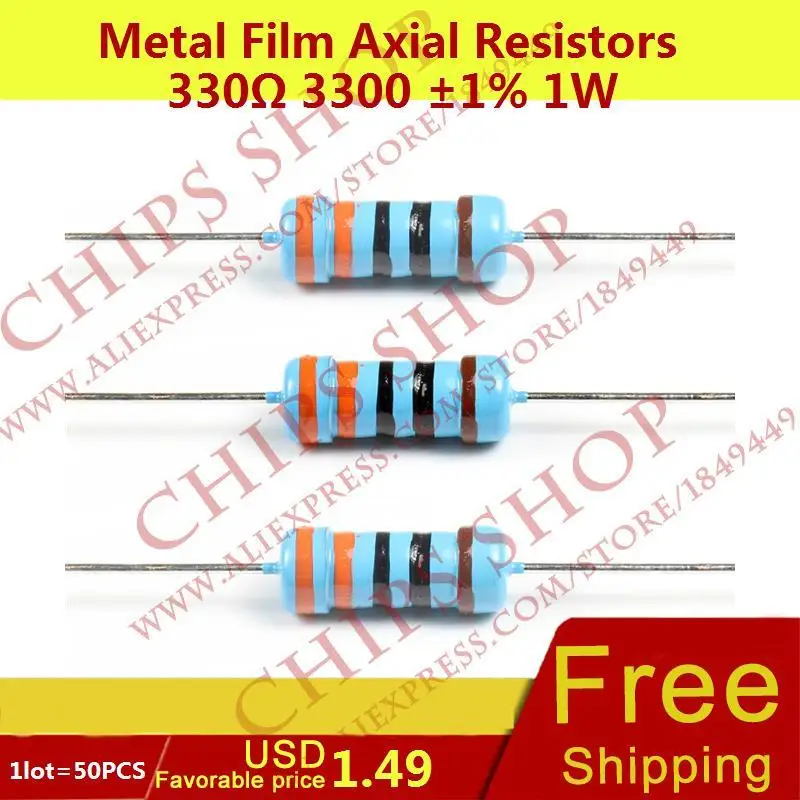 1LOT=50PCS Metal Film Axial Resistors 330ohm 3300 1 1W Wattage1W