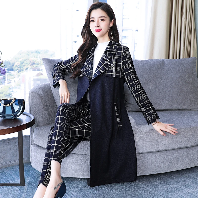 2018 Women's Plaid Checked Patchwork Blazer Pant Suits Office Lady Suit