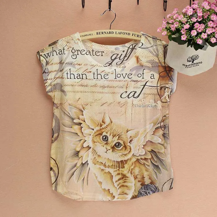 

Lovely Cat pattern top tees wholesale women t-shirt 2015 summer tee American & European woman clothing discount promotion sale