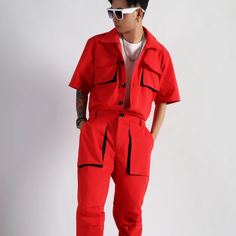 

2019 Bright red cotton one-piece short-sleeved workwear one-piece plus-size nightclub workwear