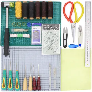 

Professional Leather Craft Tools Rubber Hammer Waxed Thread Professional Leather Needle Scissors Awl A4 Punch for Leather Work
