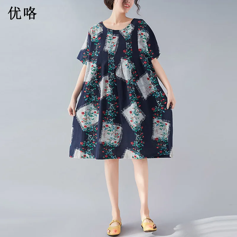 

2019 Summer Fashion Cotton Linen Dress Women Art Printed Floral A Line Dress Casual Bottoming Loose Midi Dresses Plus Size 4XL