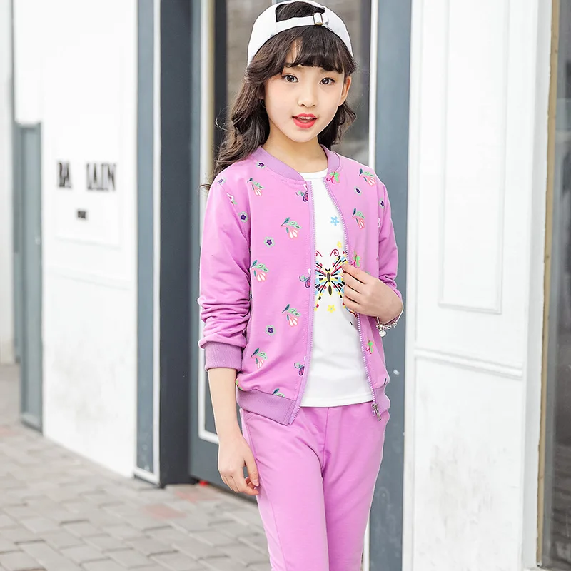 Kids Grils Floral Long Ruffled Sleeve Jacket Coat+Pants 2Pcs Sport Outfits Set